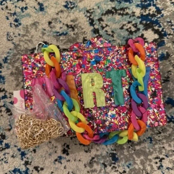 NEW NWT BARI LYNN PARTY ACRYLIC CLUTCH $90 RAINBOW CHAIN STRAP - Picture 4 of 5